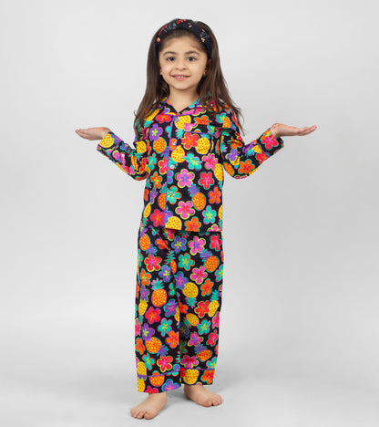 Black ground flowers Printed Girls Nightsuit Set