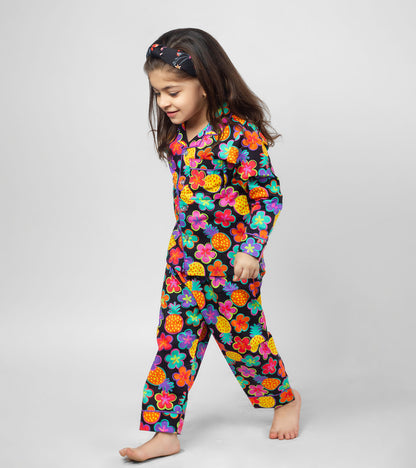 Black ground flowers Printed Girls Nightsuit Set