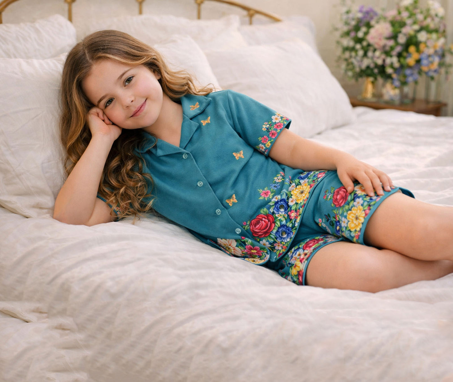 Blooming Garden Printed Girls Pure Cotton Half Nightsuit Set