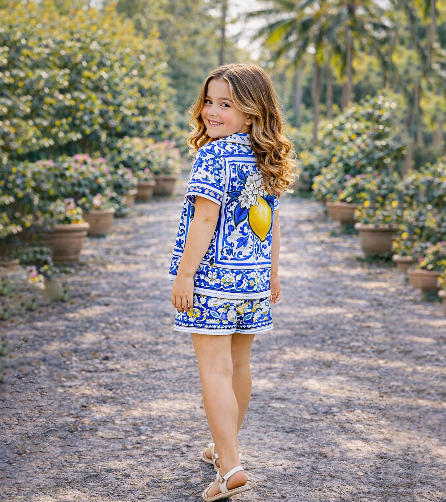 Blue Lemon Blossom Printed Girls Pure Cotton Half Nightsuit Set