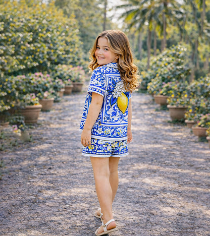 Blue Lemon Blossom Printed Girls Pure Cotton Half Nightsuit Set