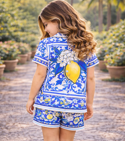 Blue Lemon Blossom Printed Girls Pure Cotton Half Nightsuit Set
