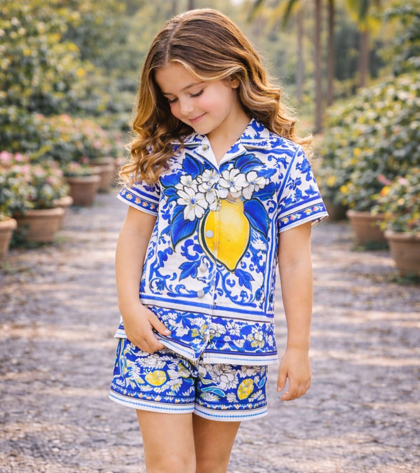 Blue Lemon Blossom Printed Girls Pure Cotton Half Nightsuit Set