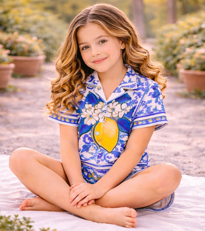 Blue Lemon Blossom Printed Girls Pure Cotton Half Nightsuit Set