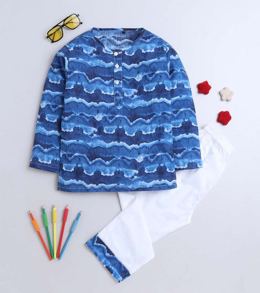 Wavy Blue Tie-dye Printed Pyjama Kurta Set