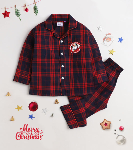 Blue and Red Checks Christmas Printed Nightsuit Set