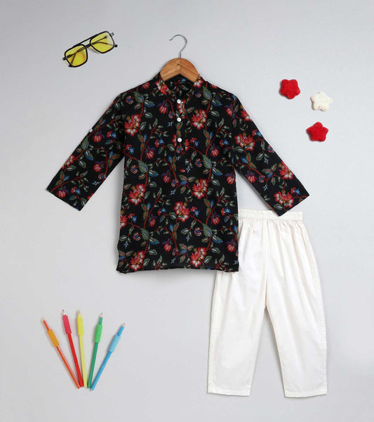 Boys Black Floral Printed Kurta Set