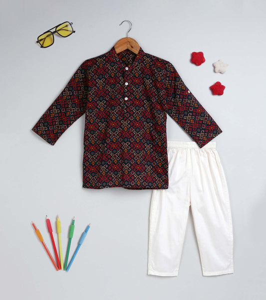 Boys Dark Ikat Printed Kurta Set