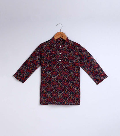 Boys Dark Ikat Printed Kurta Set