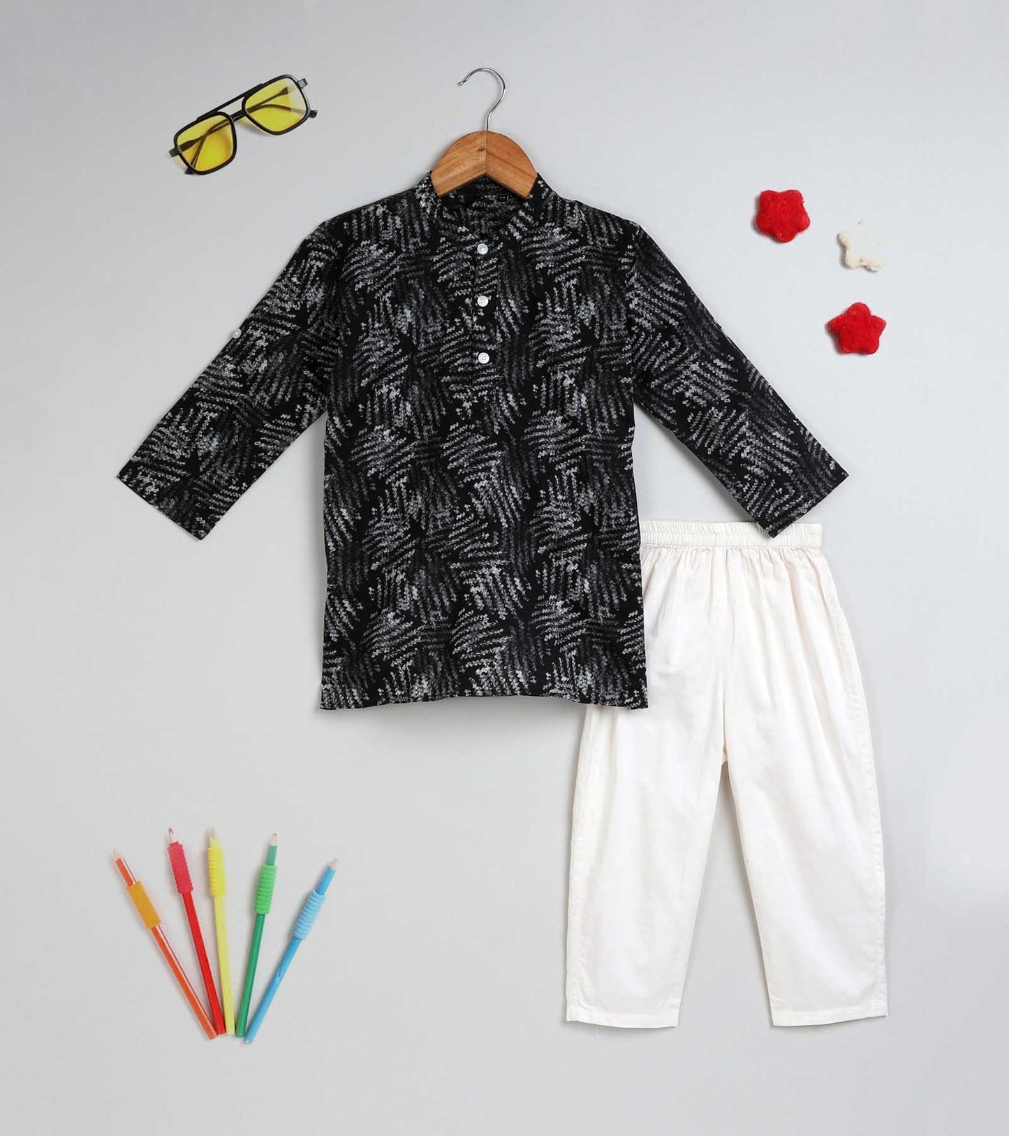 Boys Grey leaf Printed Kurta Set