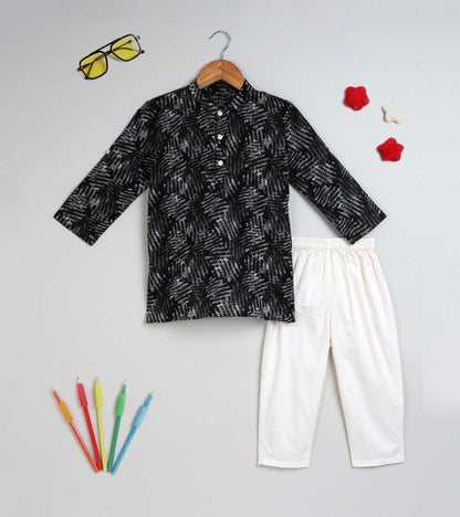 Boys Grey leaf Printed Kurta Set