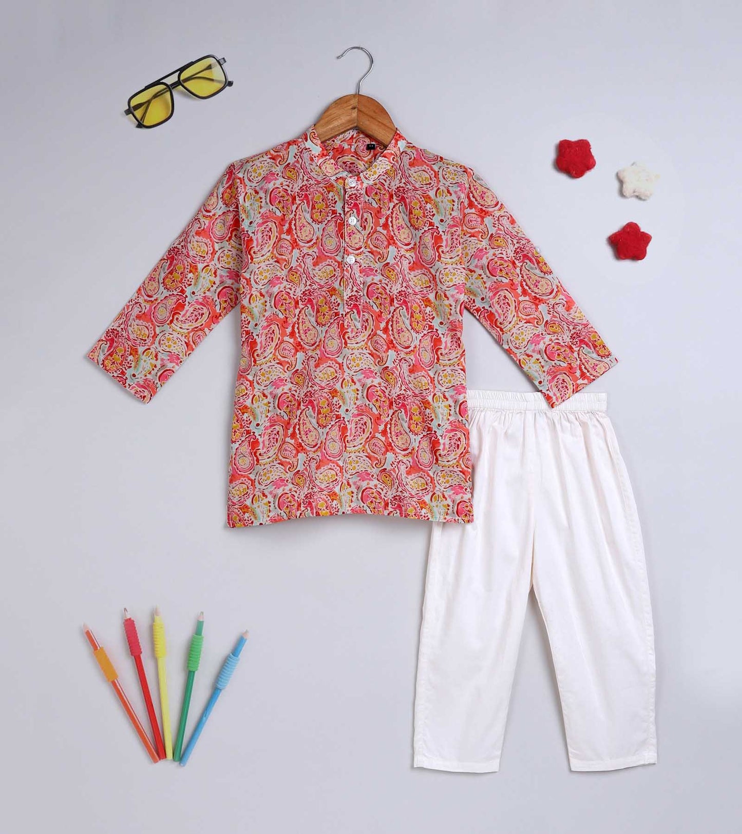 Boys Red Paisly Art Printed Kurta Set