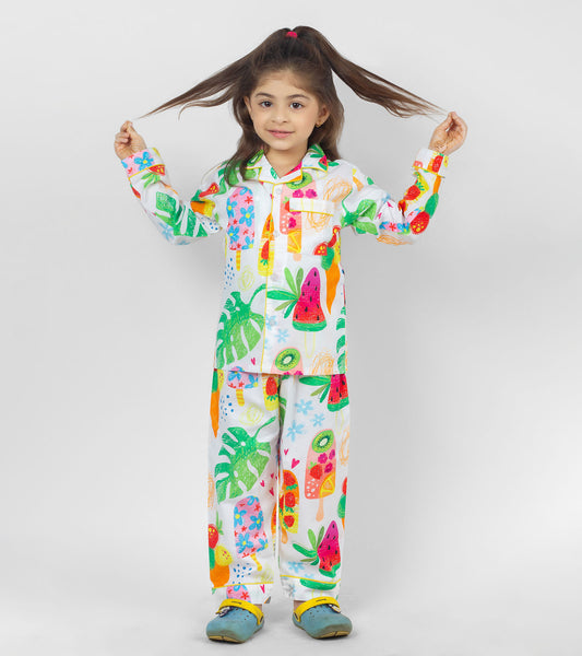 Cheerful Summery Colours Printed Girls Nightsuit Set