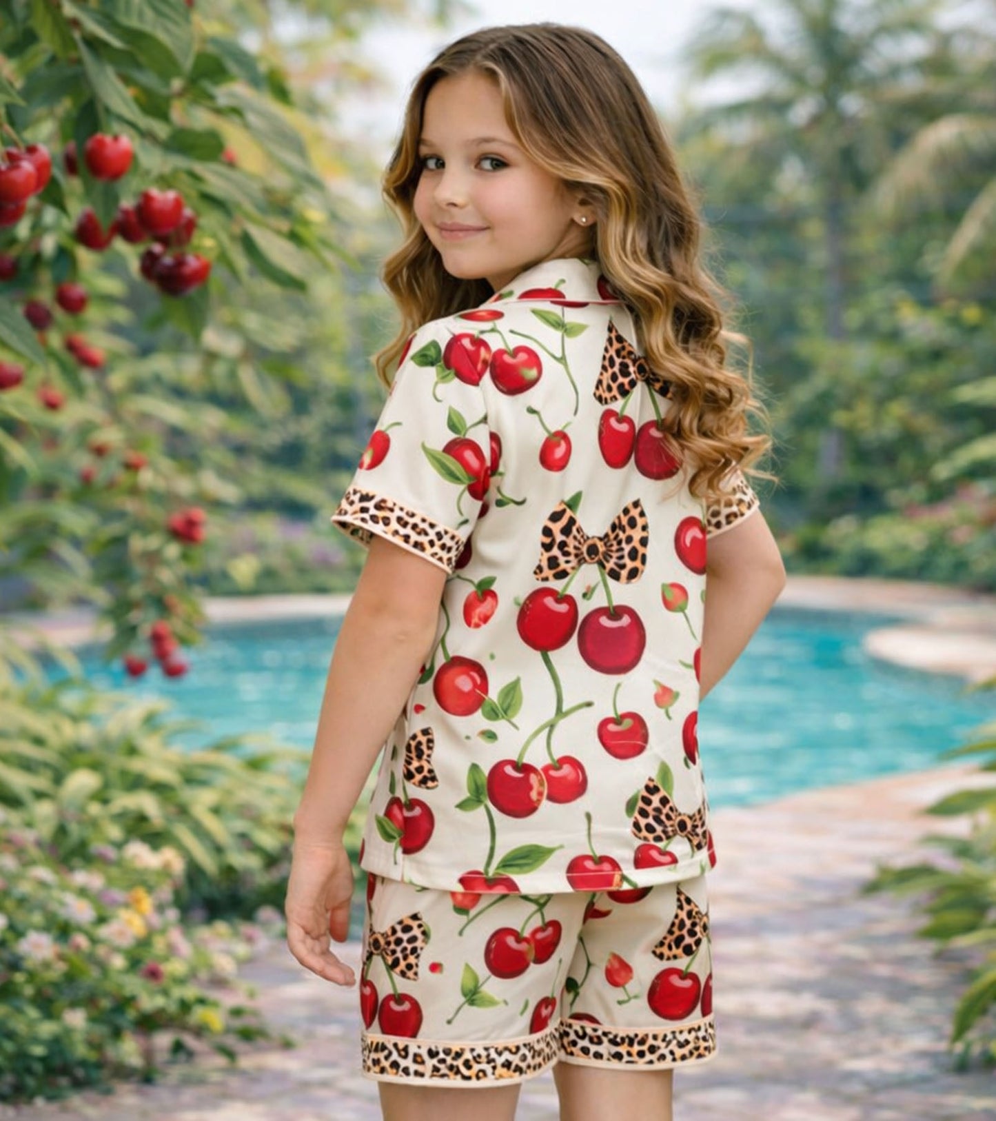 Cherry Blossom Printed Girls Pure Cotton Half Nightsuit Set