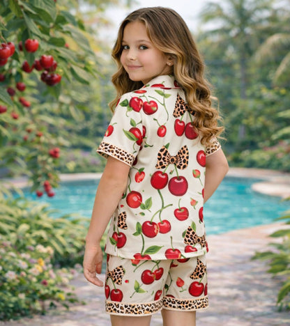 Cherry Blossom Printed Girls Pure Cotton Half Nightsuit Set