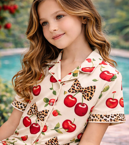 Cherry Blossom Printed Girls Pure Cotton Half Nightsuit Set