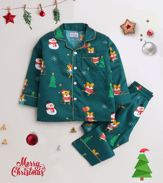 Christmas Dark Green Cute Santa Printed Nightsuit Set