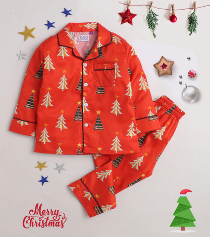 Christmas Tree Red Printed Nightsuit Set