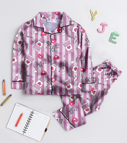 Coffe Printed Girls Pure Cotton Nightsuit Set