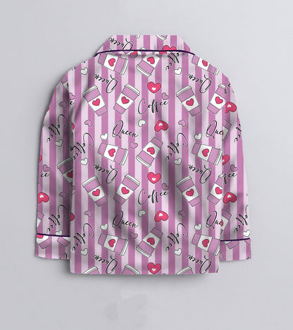 Coffe Printed Girls Pure Cotton Nightsuit Set