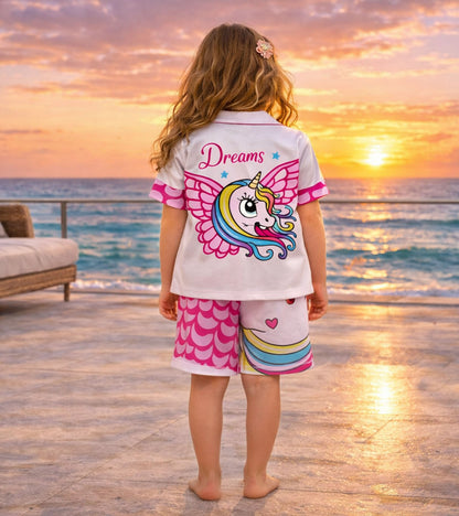 Dream Unicorn Printed Girls Pure Cotton Half Nightsuit Set