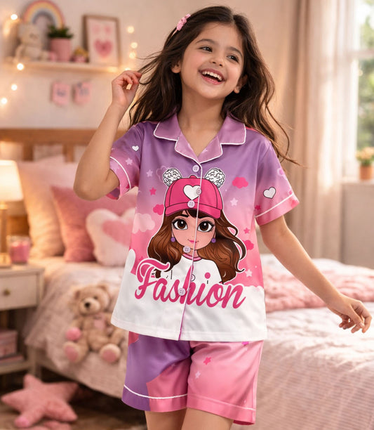 Fashion Girl Printed Girls Pure Cotton  Half Nightsuit Set