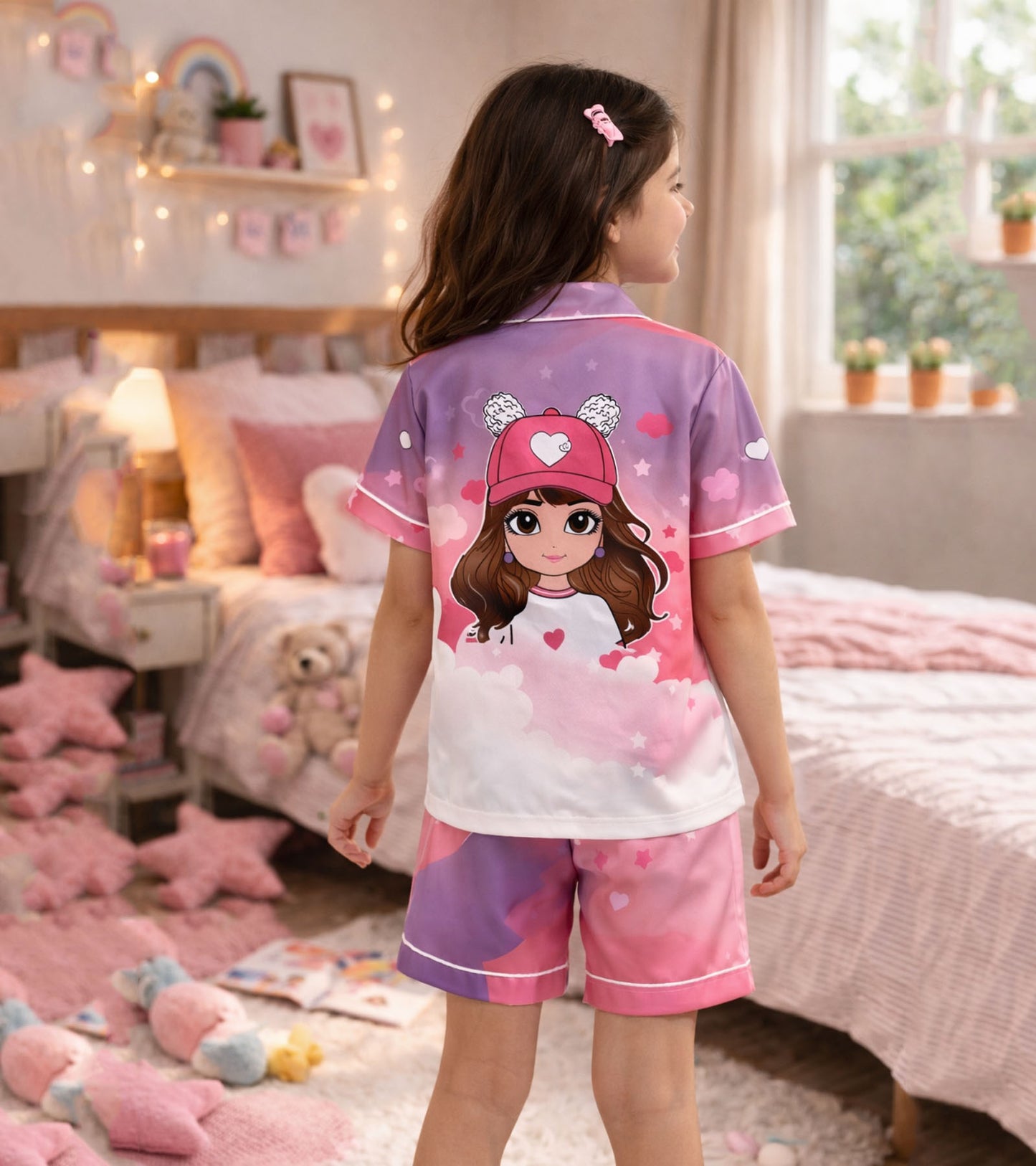 Fashion Girl Printed Girls Pure Cotton  Half Nightsuit Set