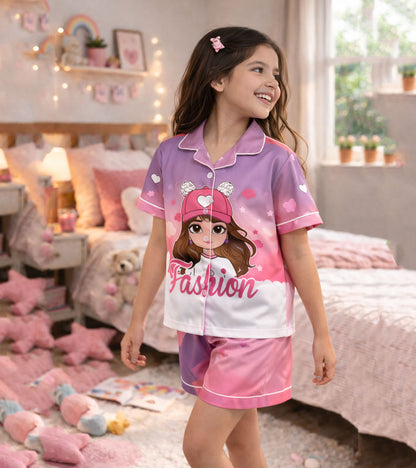 Fashion Girl Printed Girls Pure Cotton  Half Nightsuit Set