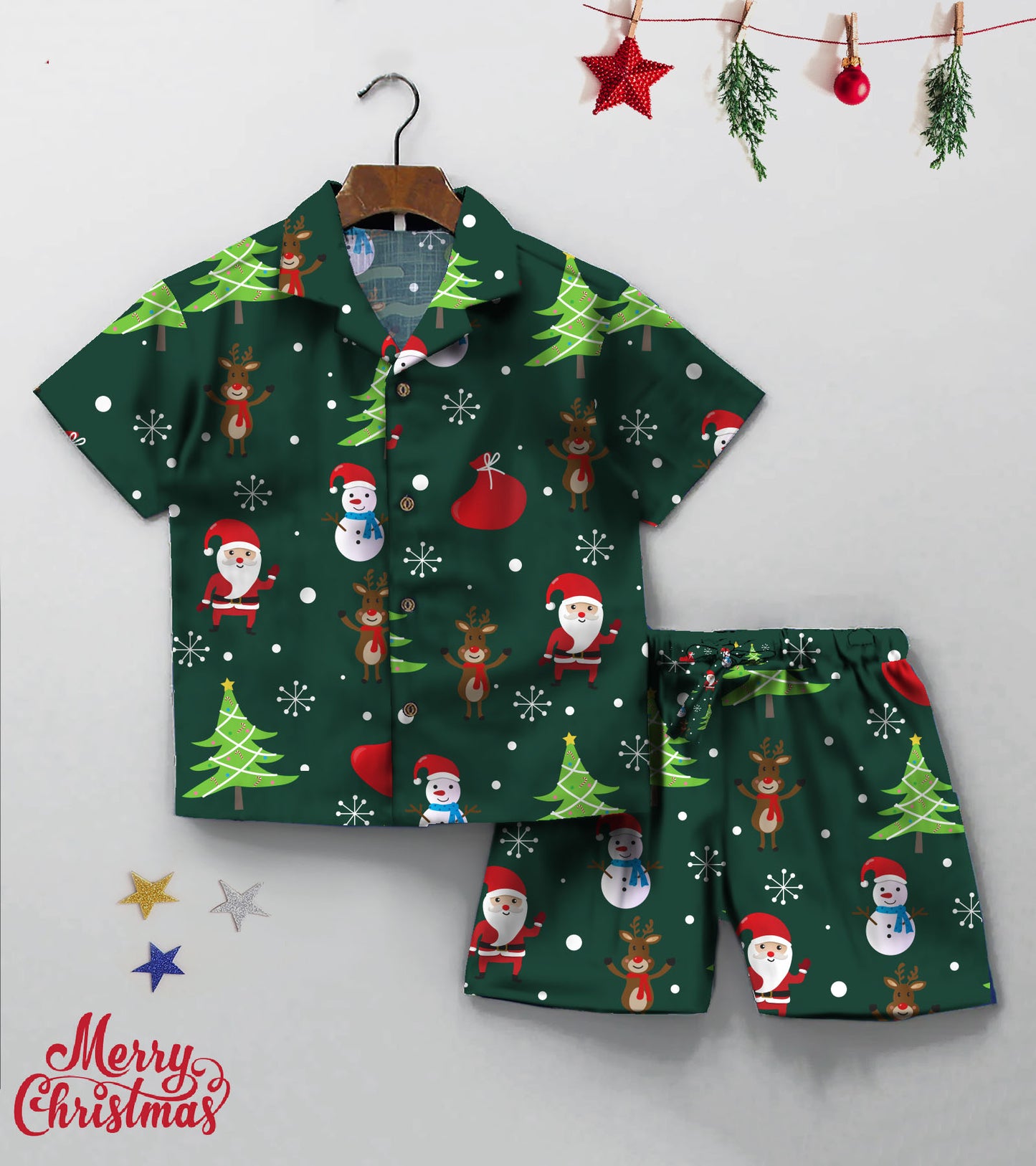 Green Christmas Snow Printed Boys Co ord Set