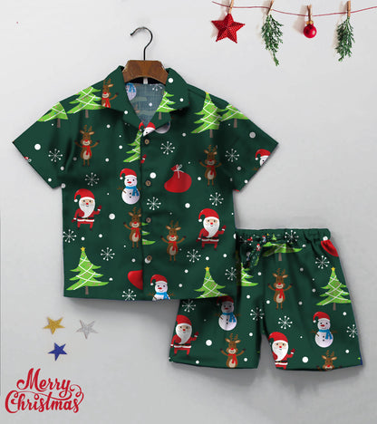 Green Christmas Snow Printed Boys Co ord Set