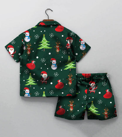 Green Christmas Snow Printed Boys Co ord Set