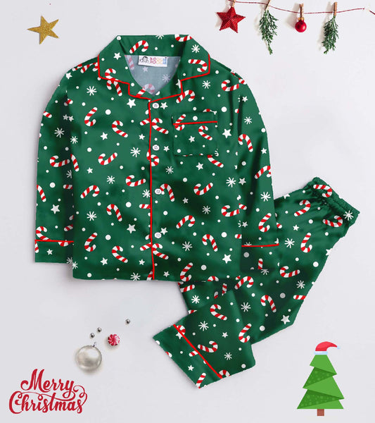 Green Christmas Theme Cotton Christmas Printed Nightsuit Set