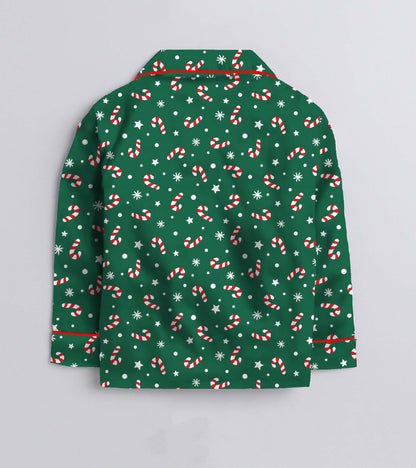 Green Christmas Theme Cotton Christmas Printed Nightsuit Set