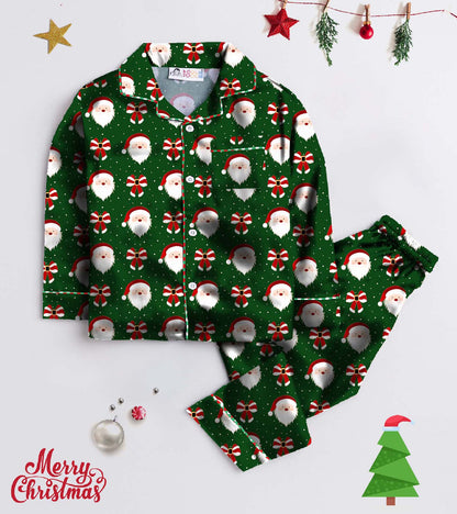 Green Santa Pure Cotton Christmas Printed Nightsuit Set