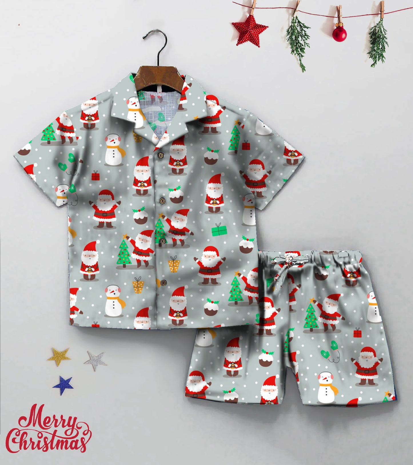 Grey Santa Christmas Printed Boys Co ord Set