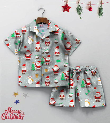 Grey Santa Christmas Printed Boys Co ord Set