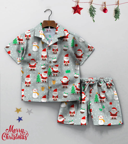 Grey Santa Christmas Printed Boys Co ord Set