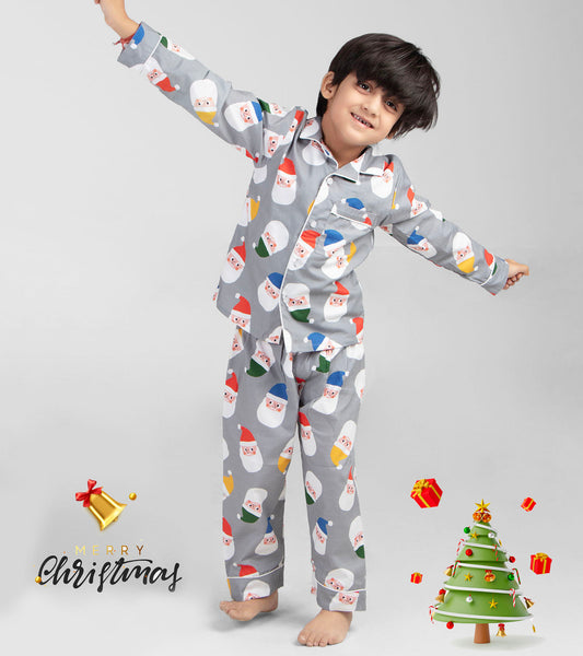 Multi Color Cap Grey Santa Christmas Printed Nightsuit Set