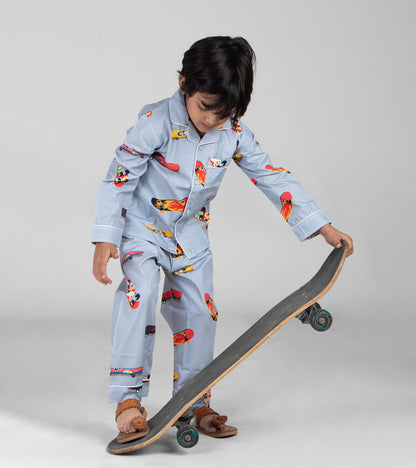 Grey Skateboard Printed Night Suit Set
