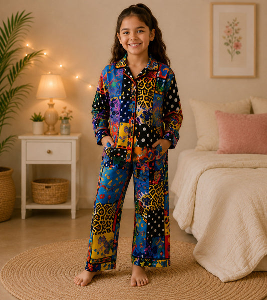 Leopard Pop Printed Girls Pure Cotton Nightsuit Set