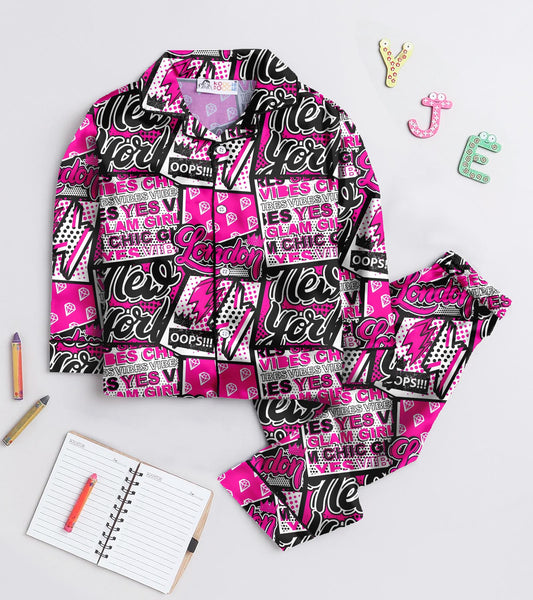 London Printed Girls Pure Cotton Nightsuit Set