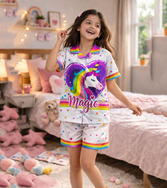 Magic Unicorn Printed Girls Pure Cotton Half Nightsuit Set