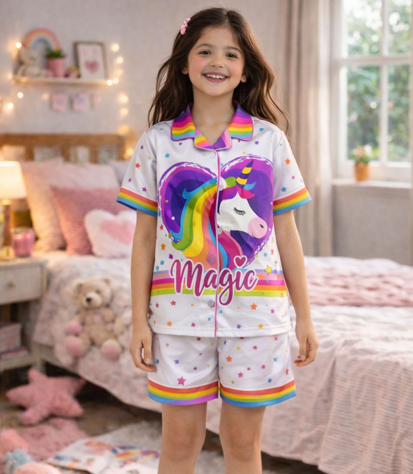 Magic Unicorn Printed Girls Pure Cotton Half Nightsuit Set