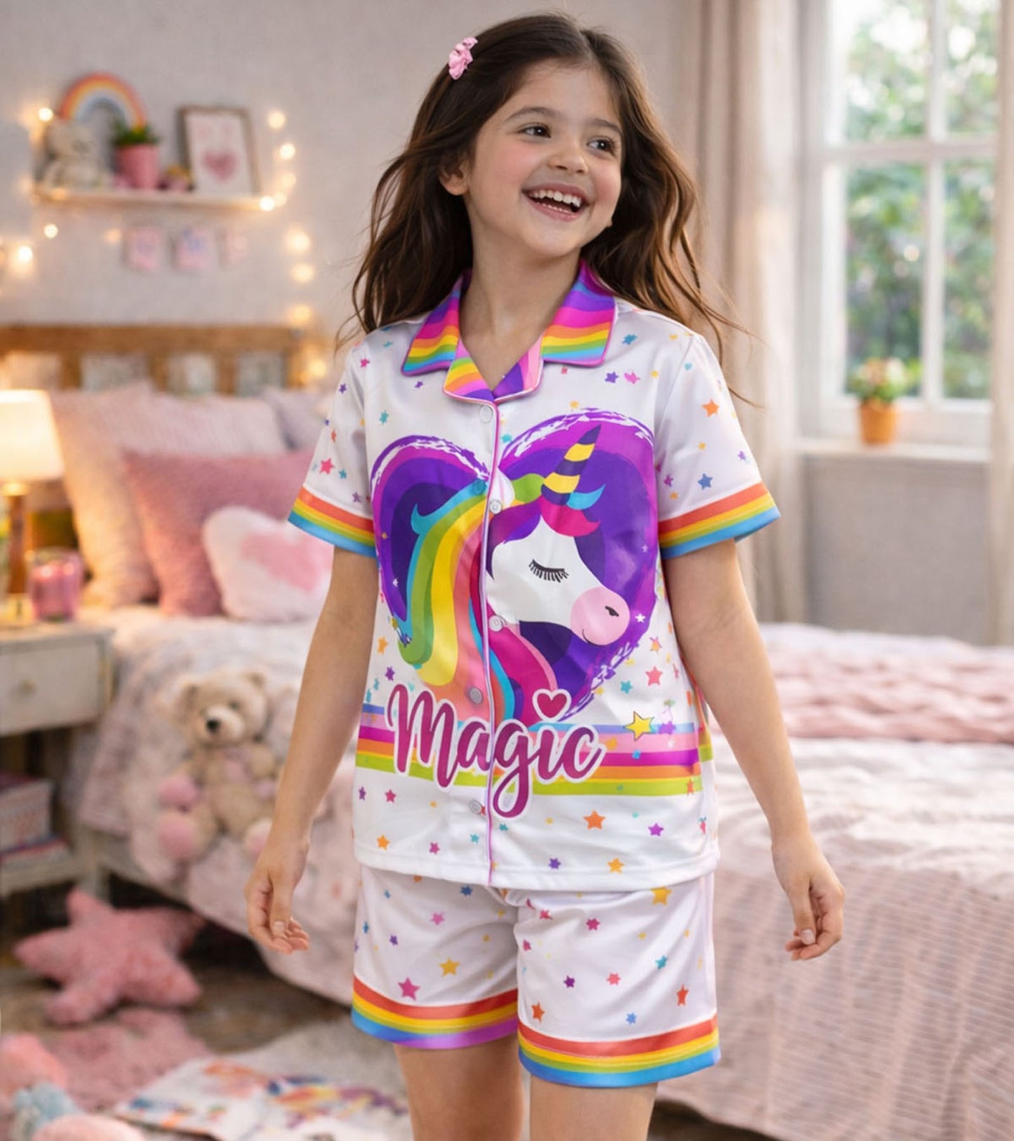 Magic Unicorn Printed Girls Pure Cotton Half Nightsuit Set