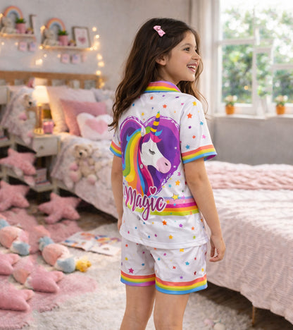 Magic Unicorn Printed Girls Pure Cotton Half Nightsuit Set