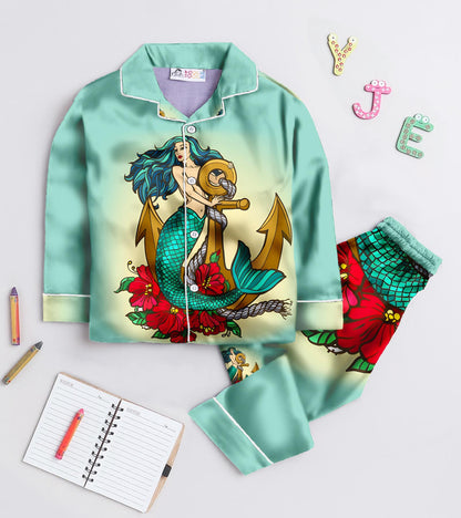 Mermaid with Anchor Printed Girls Pure Cotton Nightsuit Set