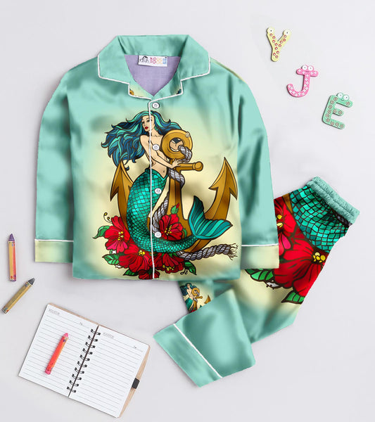 Mermaid with Anchor Printed Girls Pure Cotton Nightsuit Set