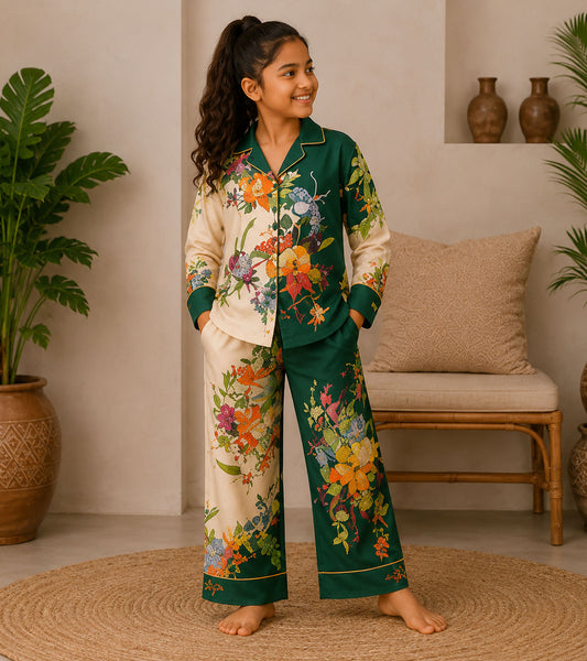 Moonlit Florals Printed Girls Pure Cotton Nightsuit Set