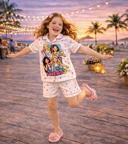 My Best Friend Printed Girls Pure Cotton Half Nightsuit Set
