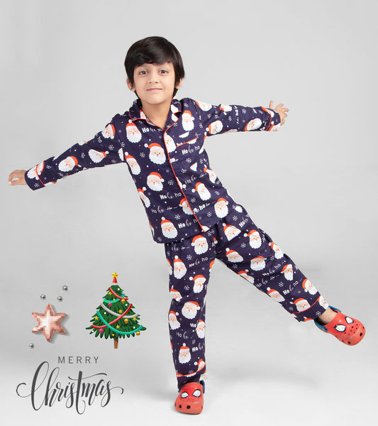 Navy Santa Face Christmas Printed Nightsuit Set